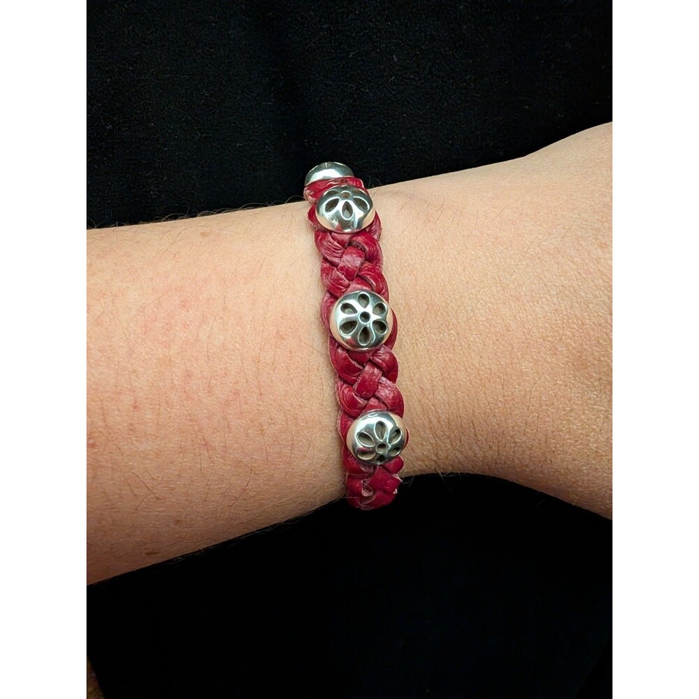 Brighton Daisy Bandit Silver & Red Braided Leather Bracelet
